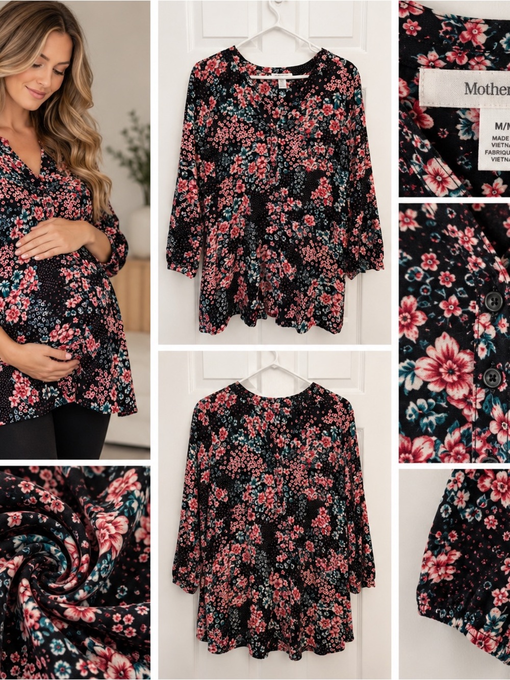 Motherhood Maternity Black Floral Nursing Tunic - Pink & Teal Flowers